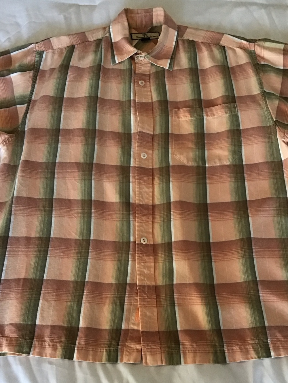 Men's Plaid Button-Up Shirt in Peach and Green